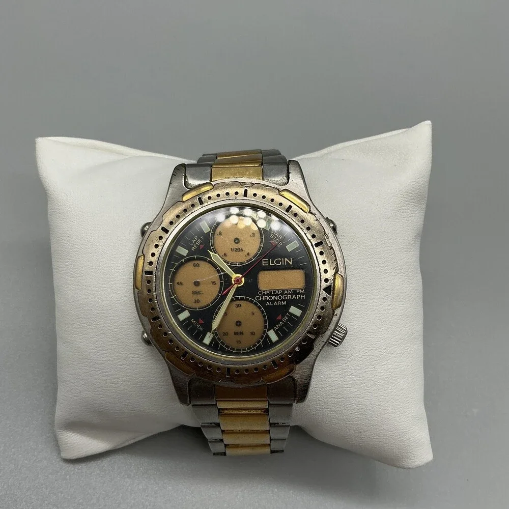 Elgin Mens Watch 40mm Black Gold Dial Chronograph NOT RUNNING FOR PARTS